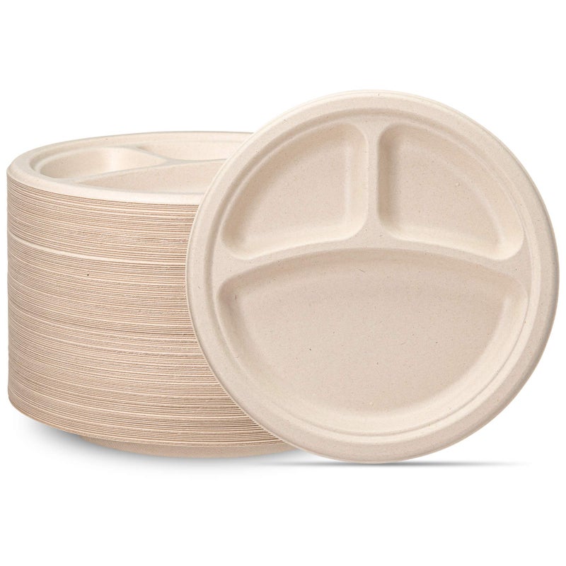 GUSTO [9 Inch - 125 Count Heavy-Duty 100% Compostable Plates, 3 Compartment Eco-Friendly, Kraft Disposable Sugarcane Paper Plates - Brown Unbleached (Formerly Comfy Package) - Image 1
